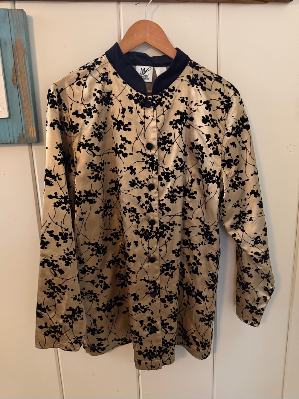 Vintage Maggie Lawrence Gold Black Flocked Floral Jacket 90s